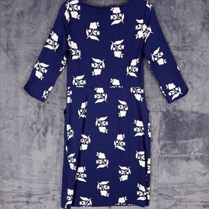 Boden Dress Womens 6 Blue Floral Sheath 3/4 Sleeve Jersey Knee Length Pockets